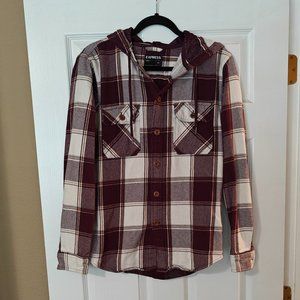 Express Men's Hooded Flannel Shirt Jacket Medium Red Burgundy White 100% Cotton